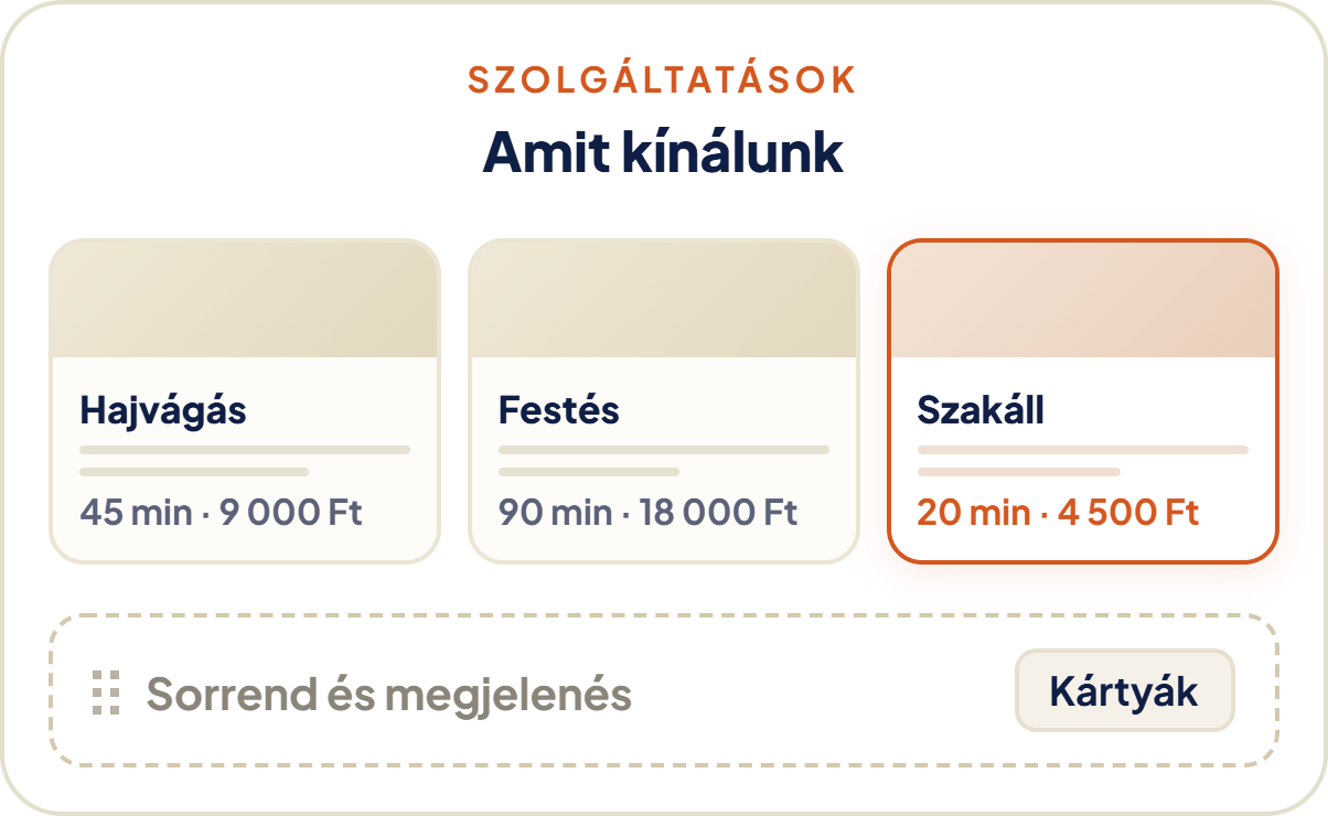 Szolgáltatások kártyák nézet - hajvágás, festés, szakáll árakkal és időtartammal