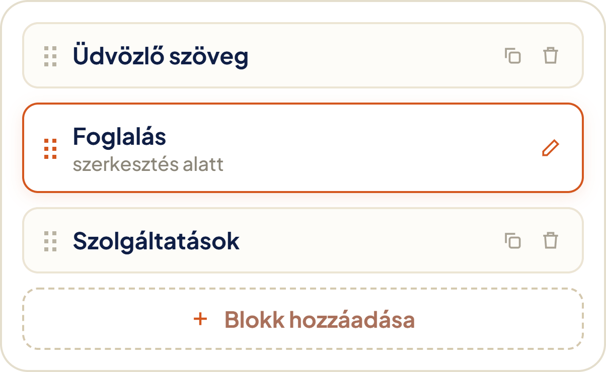 Weboldal blokkok szerkesztő felület - üdvözlő szöveg, foglalás és szolgáltatások